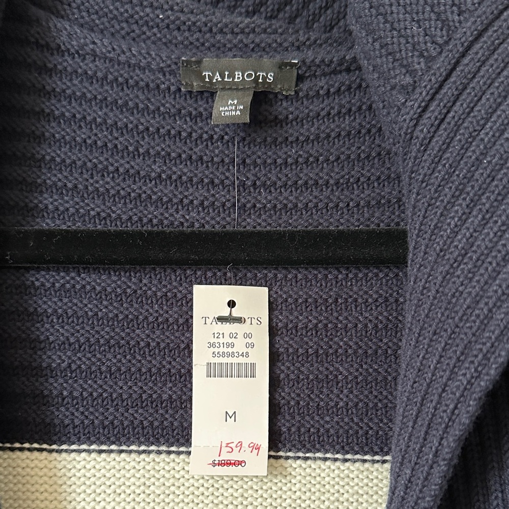 Talbots Navy & White Striped Hooded Toggle Cardigan Coatigan - Picture 2 of 4